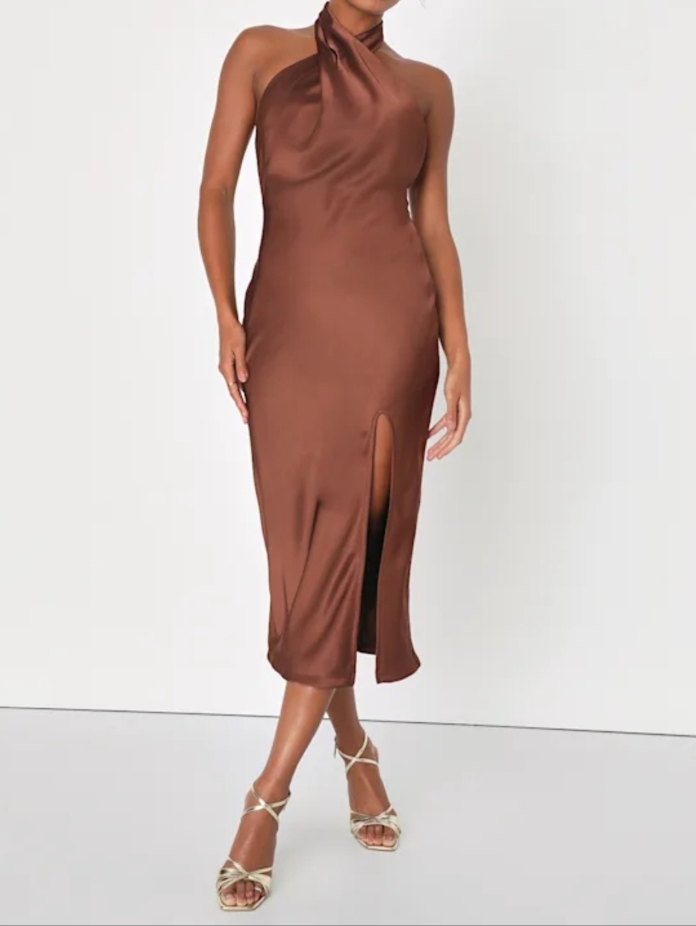 Lulus L Beyond Classy Brown Satin Halter Backless Midi Dress, Size Large - Picture 10 of 12
